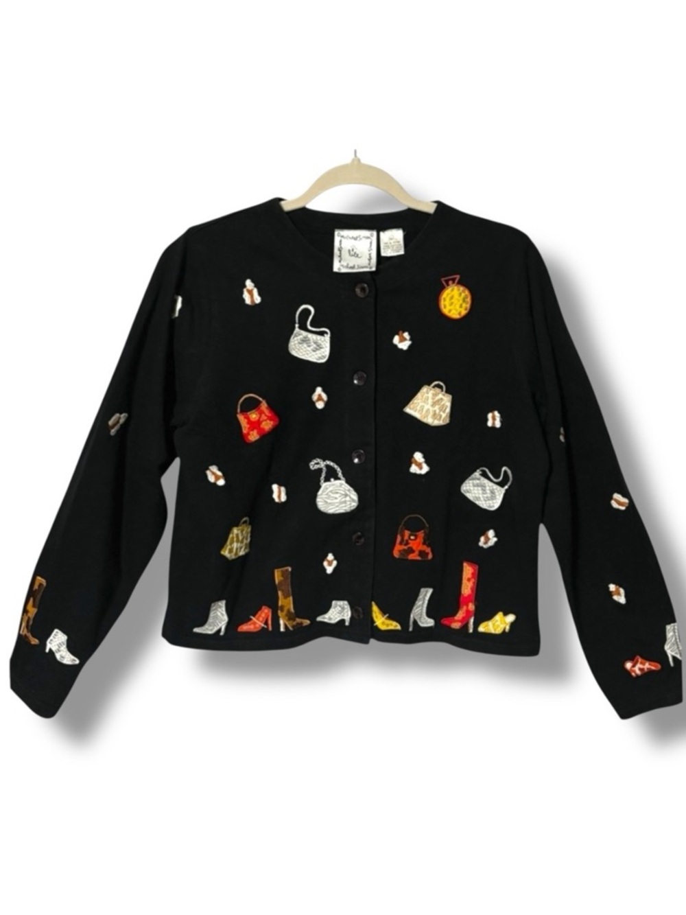 Michael Simon Lite Vintage 90s Embroidered Handbag Shoe Cardigan Sz L
